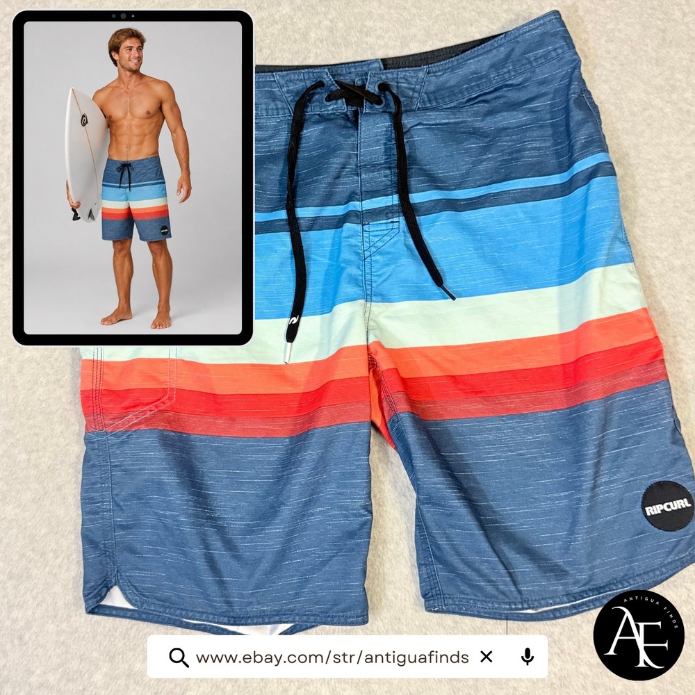 Rip Curl Mens Board Shorts Blue Orange Striped Swim Trunks Size 34 CBOLS7